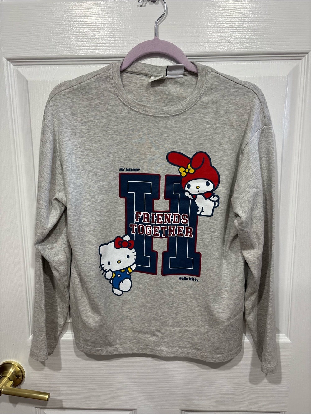 Hello Kitty Gray Long Sleeve Tee with Navy & Red Friends Graphic